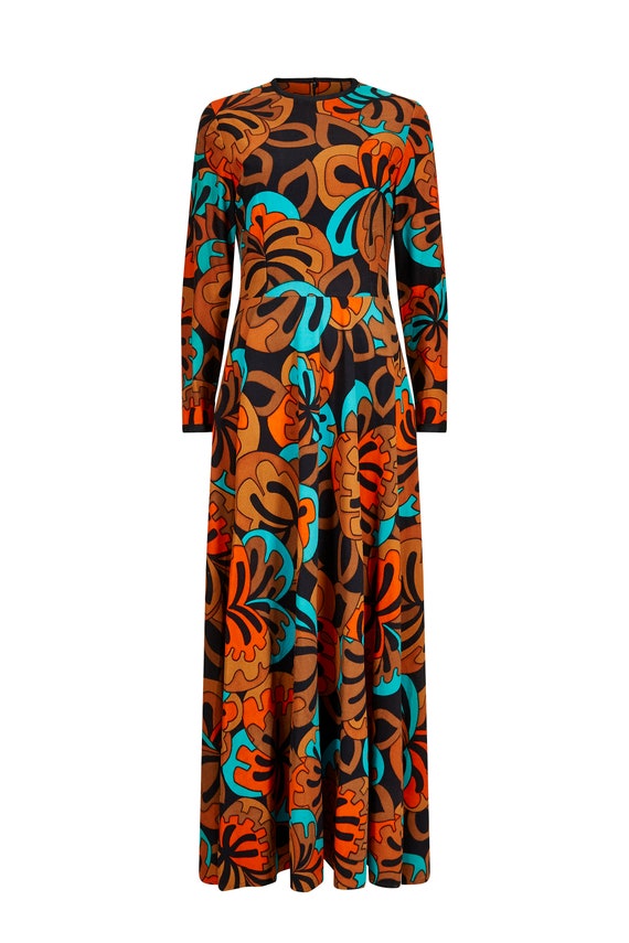 1970s Frank Usher Psychedelic Leaf Print Maxi Dres