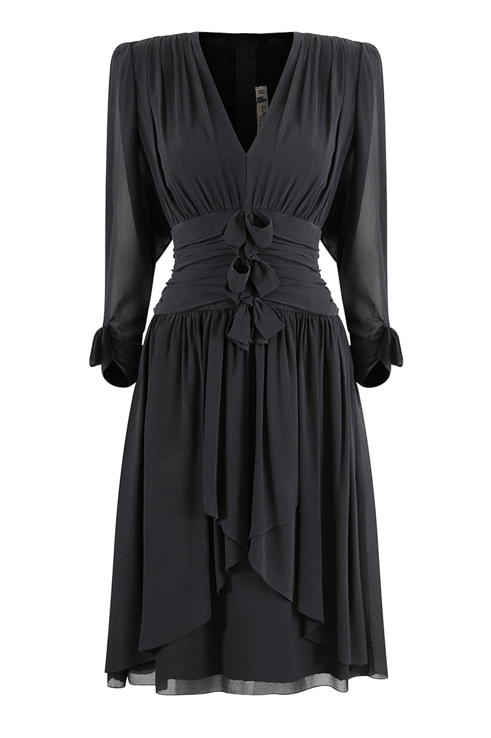 Image of S Lanvin Black Silk Chiffon Pleated Dress With Bow Embellishment Uk Size -