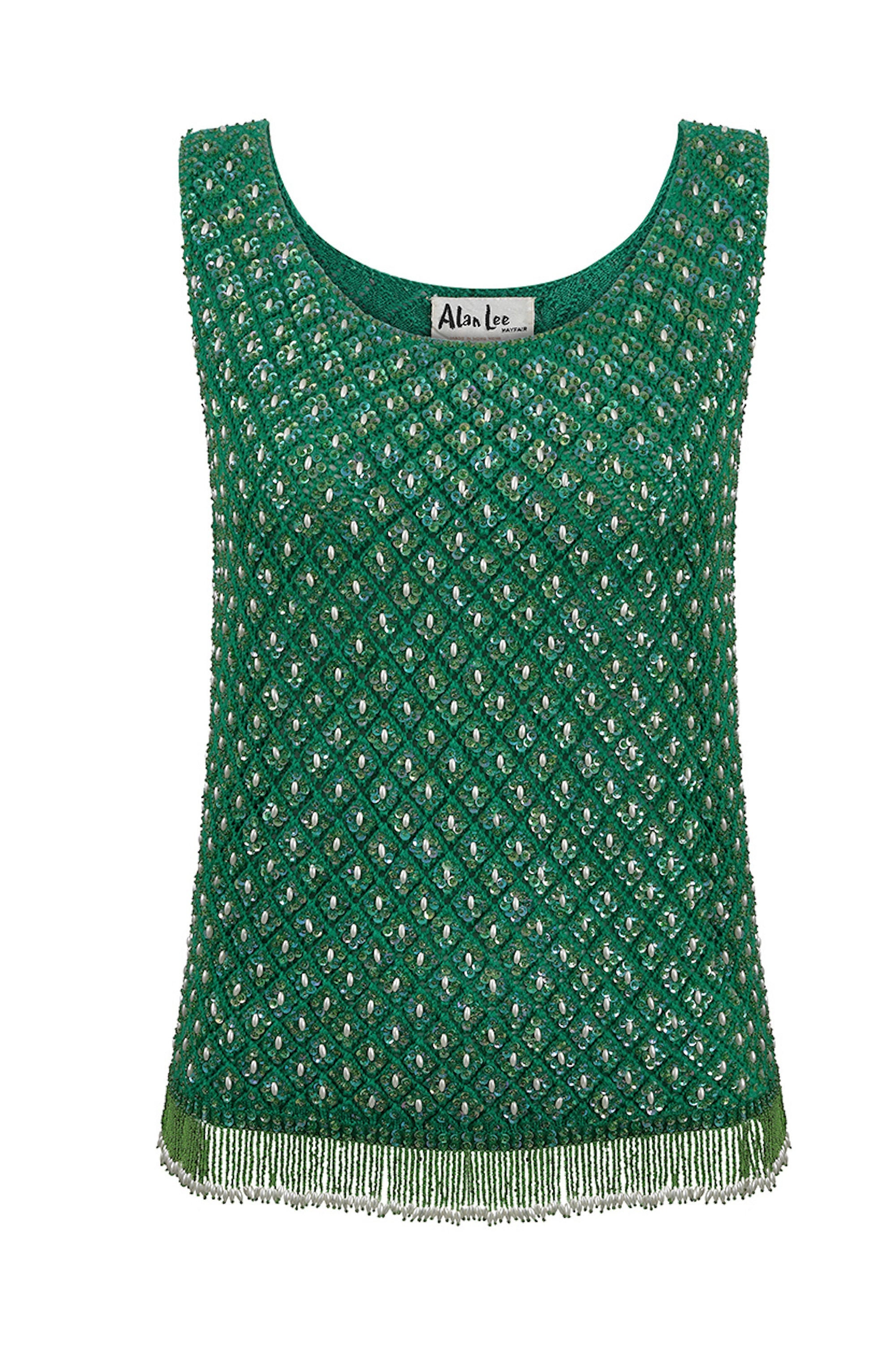 Image of Alan Lee S Emerald Wool Green Beaded Vest With Tassel Fringe Uk -