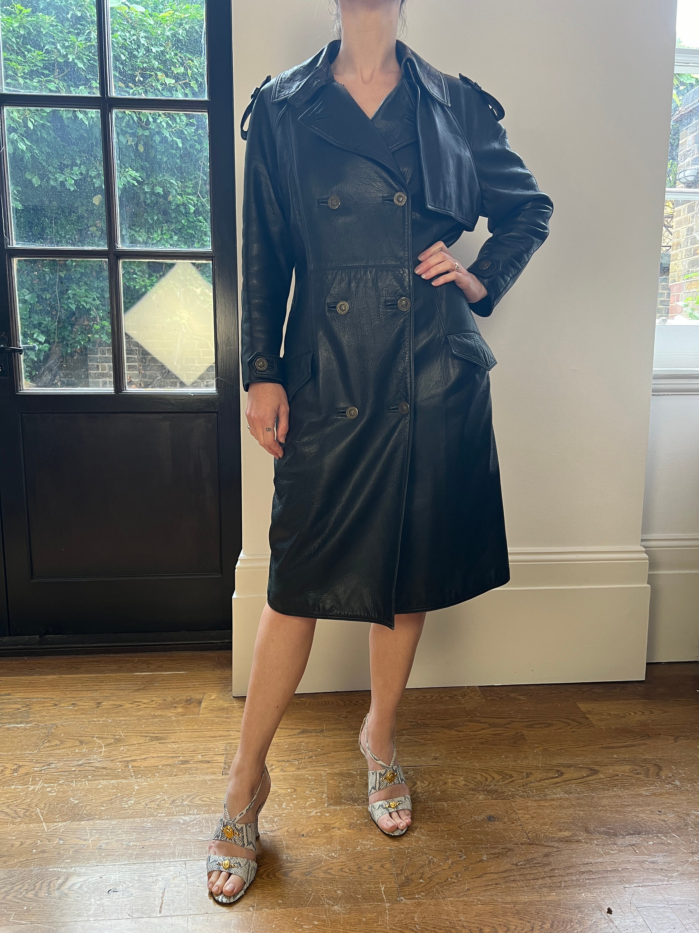 1990s Gianni Versace Black Leather Trench Coat With Medusa