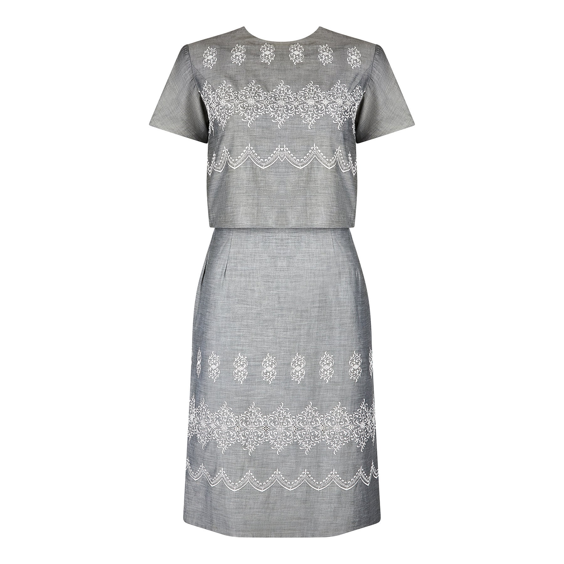 1950s Grey Cotton and White Embroidered Dress and Jacket Set