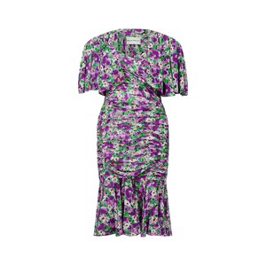 May include: A purple and green floral print midi dress with a ruffled hem and short sleeves. The dress has a fitted bodice and a flowing skirt. The label "Pinko Milan" is visible on the dress.