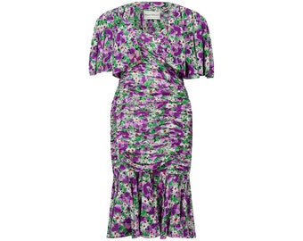 Vestido fruncido floral con chaqueta vaporosa de Frank Usher, década de 1980
