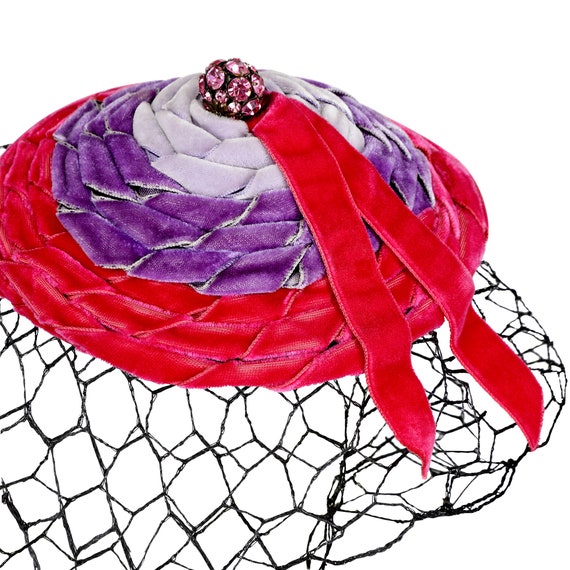 1950s Pink & Purple Ribbonwork Veiled Hat - image 2