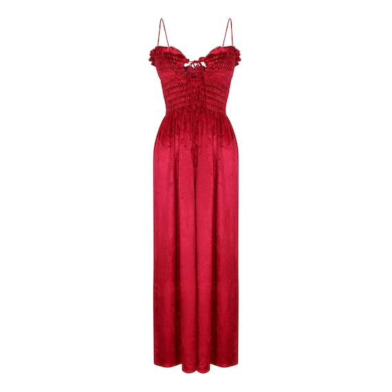 1970s Bill Tice Red Liquid Velvet Ruched Ruffle Ma