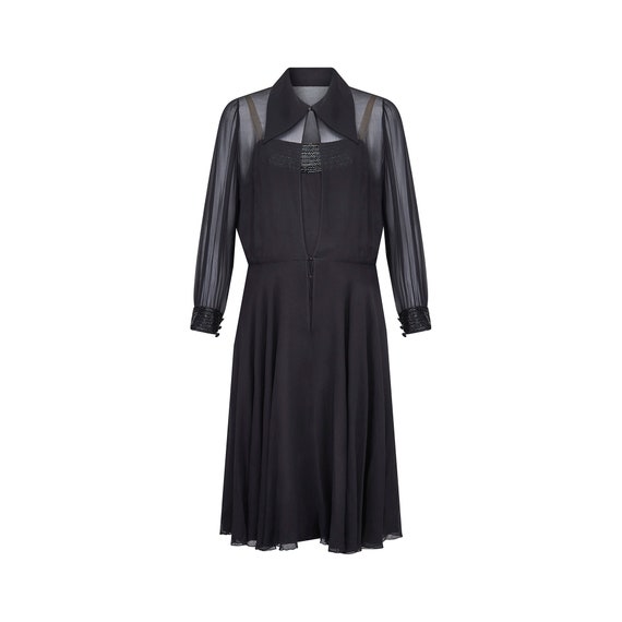 1960s Jacqueline Godard Couture Black Silk Chiffon Dress Ensemble