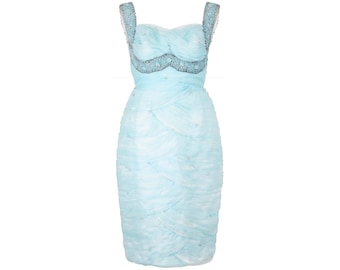 1960s Turquoise Scallop Pleated and Beaded Embellished Shift Dress