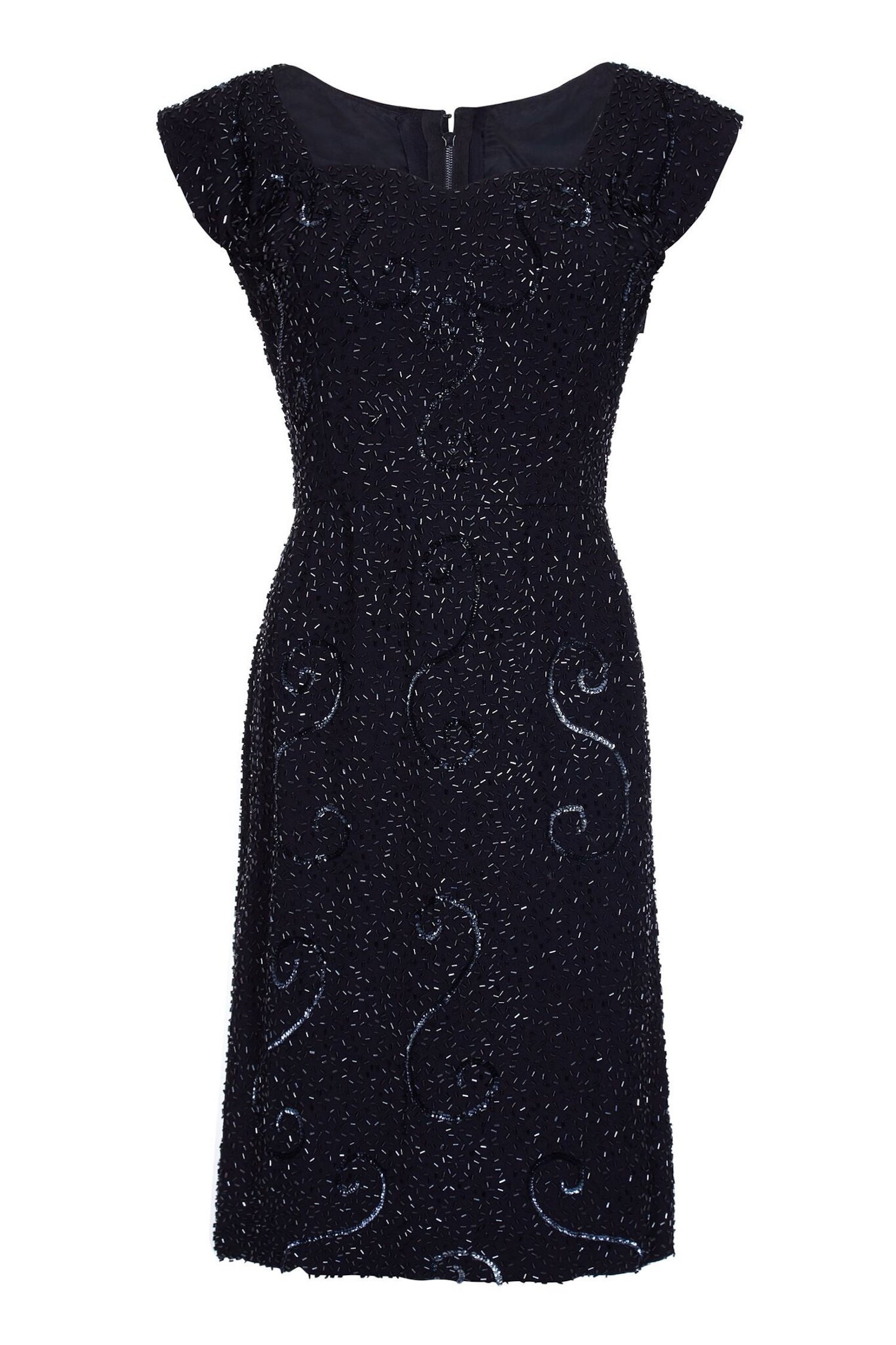 Image of Black Crepe Vintage S Cocktail Dress With Bead Embellishment & Cap Sleeve Uk Size -