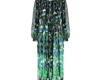 1970s Utah Tailoring Black Silk Dress with Green and Blue Florals