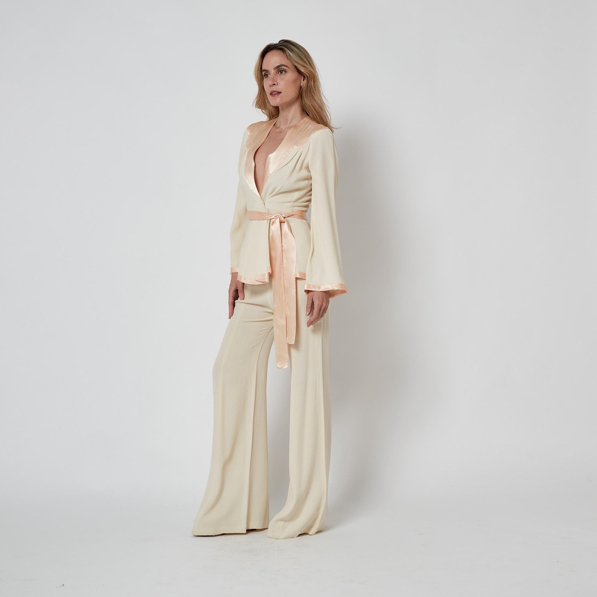 1970s Documented Ossie Clark Cream Crepe and Pink Satin Trouser