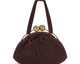 1940s Brown Suede Barrel Clasp Bag