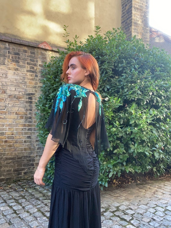 1980s Casadei Black Ruched Turquoise Sequinned Dress With