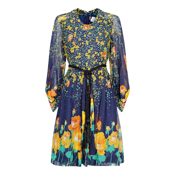 1970s French Couture Navy Rose Print Dress - image 4