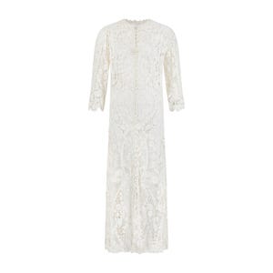 May include: A white crochet maxi dress with a long sleeve and a round neckline.