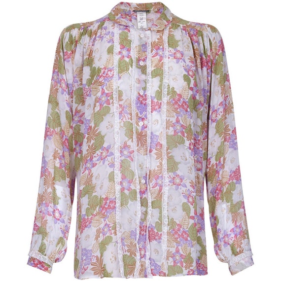 Jeff Banks 1970s Floral Chiffon and Lace Blouse Uk