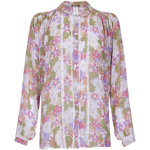 1970s Jeff Banks Floral Chiffon and Lace Blouse - image 1