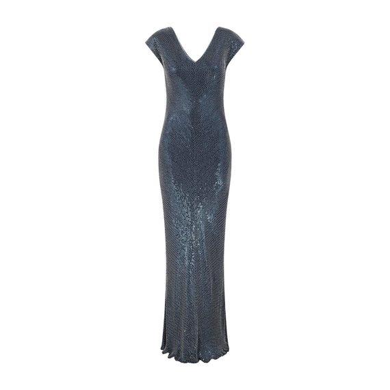 2000s Jenny Packham Navy White Sequin and Beaded Column Dress