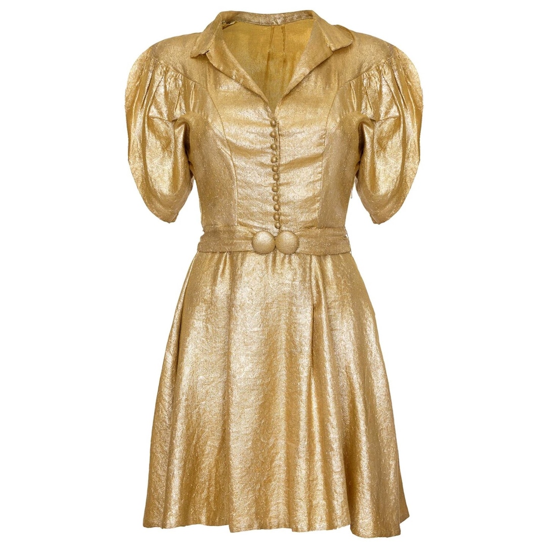 1930s Gold Lame Party Dress With Cape Sleeves and Matching Belt
