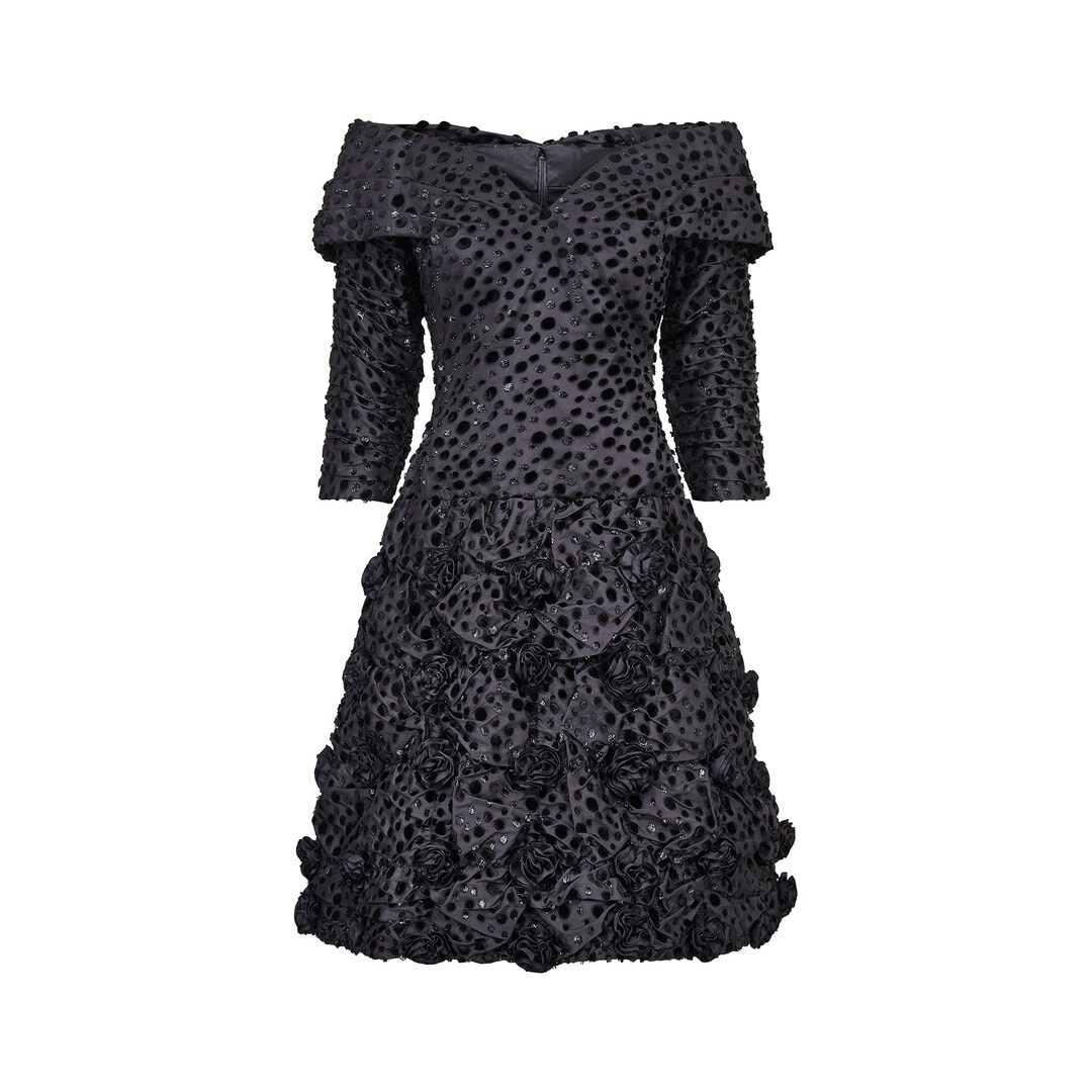 Fall 1982 Arnold Scaasi Couture Runway Black Silk Strapless Dress w Pink Ruffle