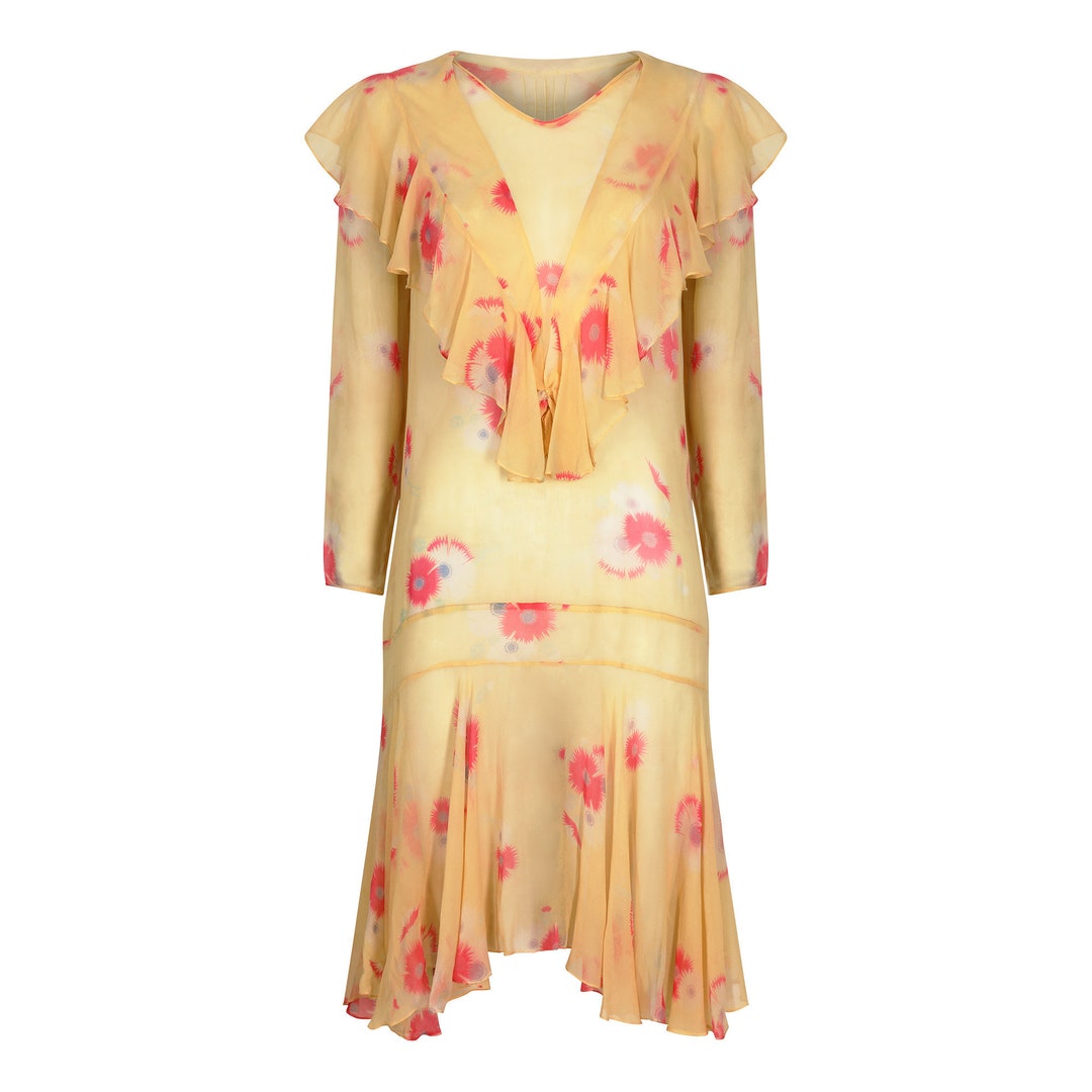 1920s Yellow Chiffon Floral Dress - Etsy UK
