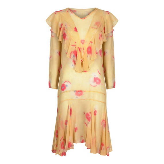 1920s Yellow Chiffon Floral Dress - image 1