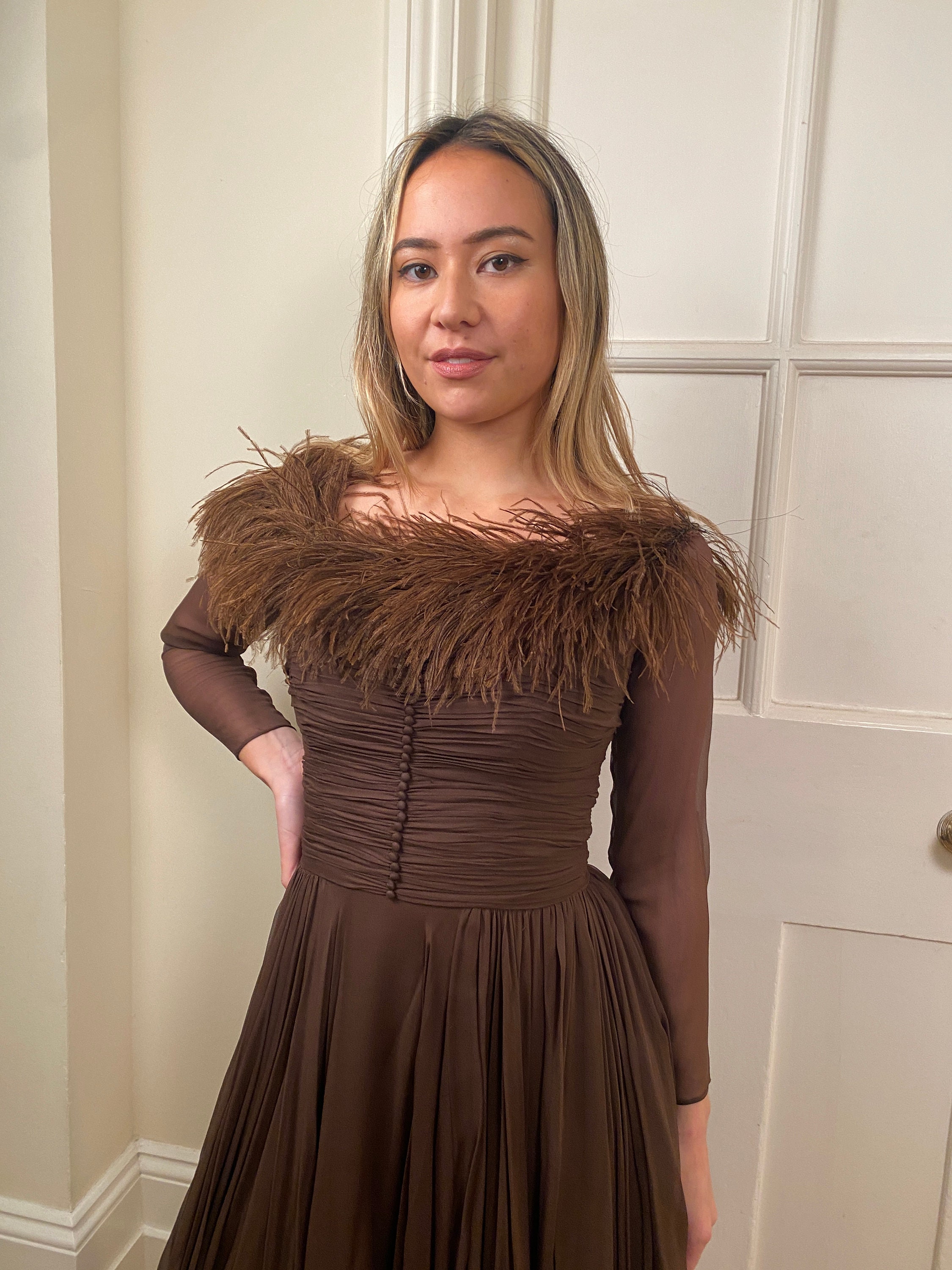 brown dress with feathers KAIA MOCHA FEATHER MINI DRESS | CULT MIA main image 0