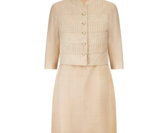 1960s Beige Linen Geometric Design Dress Suit