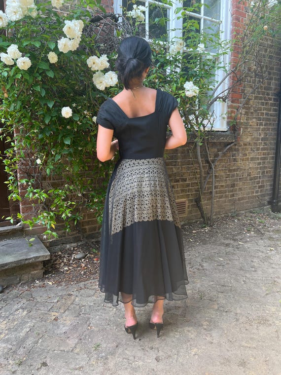 1940s Monica Black Dress With Cream Guipure Lace Underlay 1940s Monica Black Dress With Cream Guipure Lace Underlay