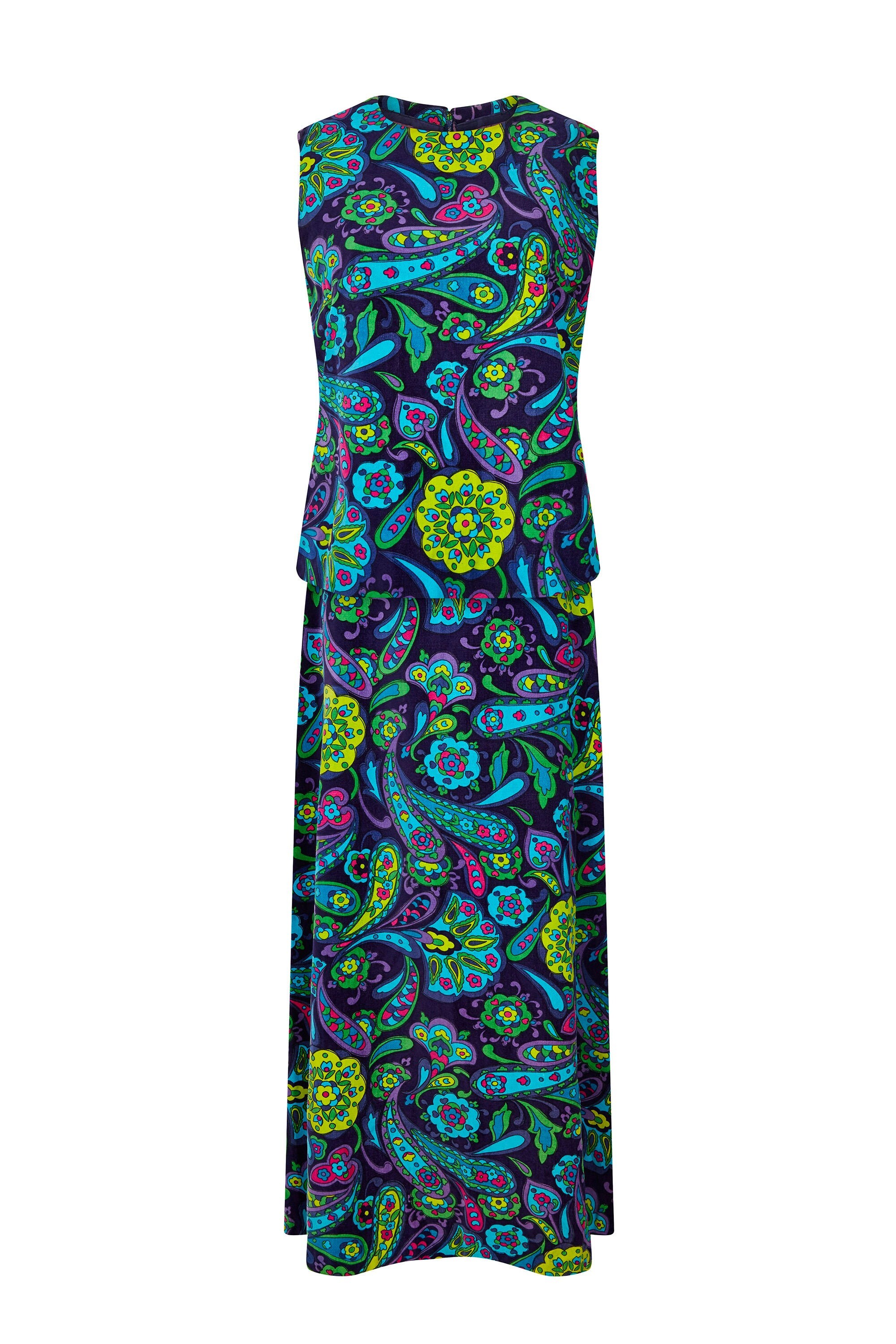 Image of S Psychedelic Paisley Print Velvet Maxi Skirt & Top Ensemble Uk Size