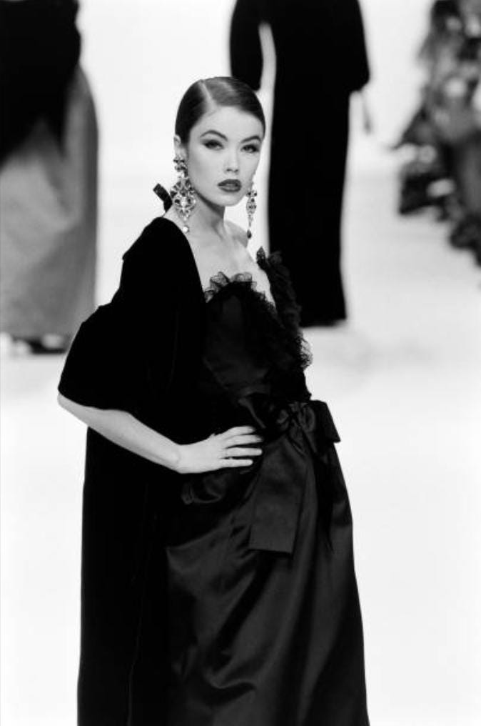 saint laurent black dress Spring 1987 Yves Saint Laurent Runway Black Net & Raffia High Low Dres –  Shrimpton Couture main image 0