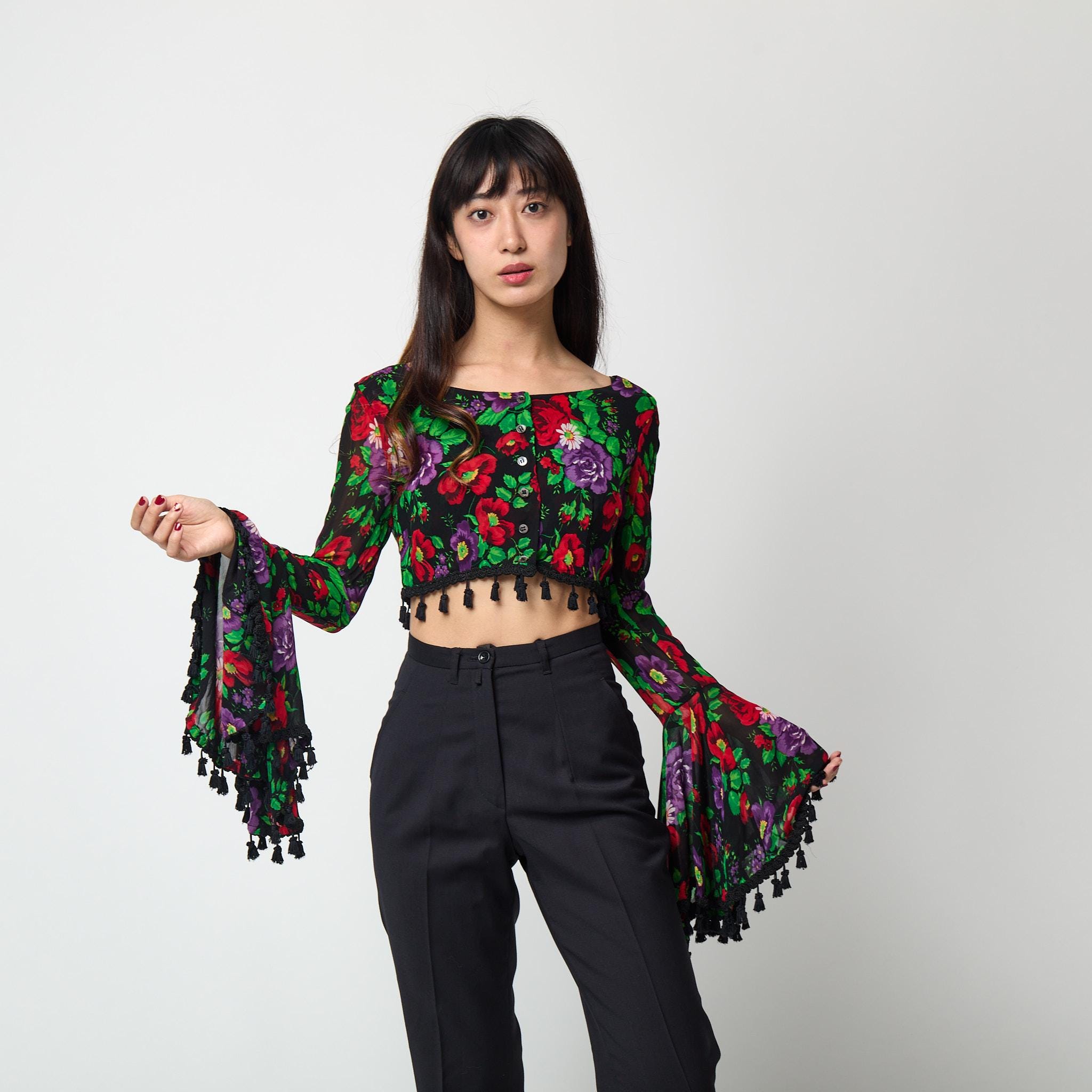 1994 Dolce and Gabbana Floral Trumpet Sleeve Crop Top - Etsy Israel
