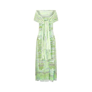 May include: A green and white maxi dress with a patterned design and a matching scarf tied around the neck.