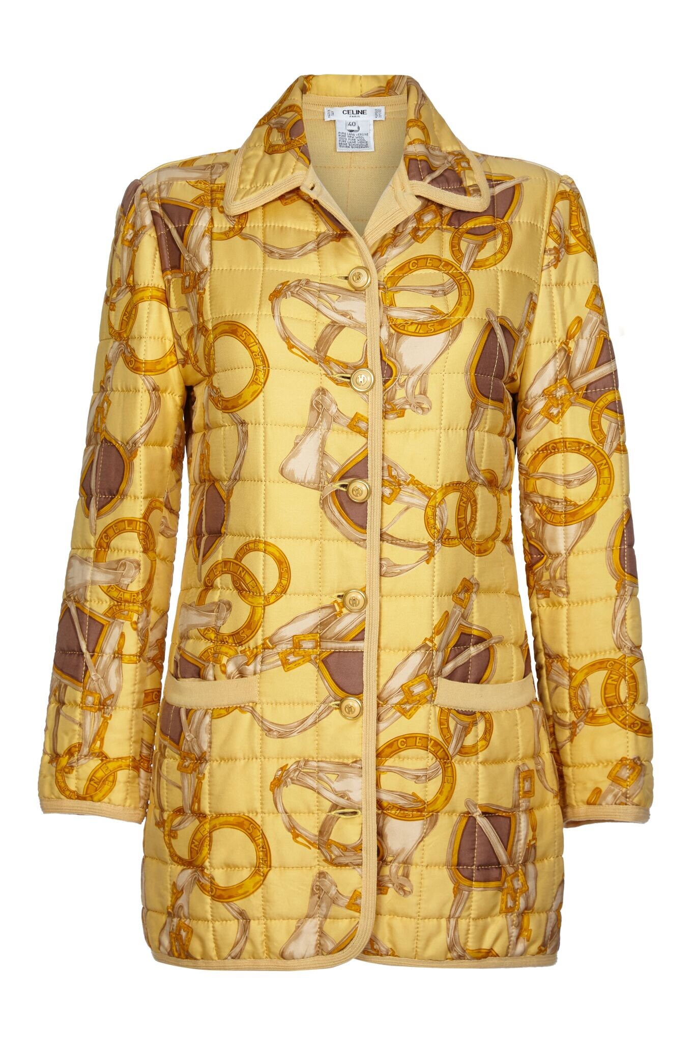 Image of Celine S Yellow Equestrian Print Silk Quilted Jacket Uk Size -