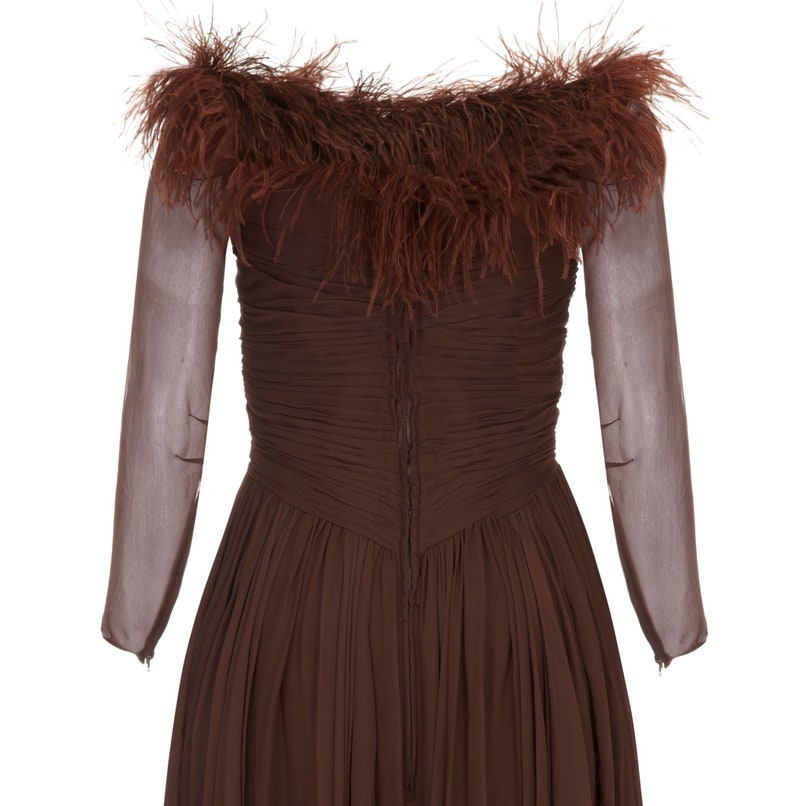 1950s Cardinal Brown Silk Chiffon and Feather Trim Dress UK size 6 image 4