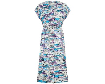 1950s Abstract Purple and Blue Cotton Shirt Dress