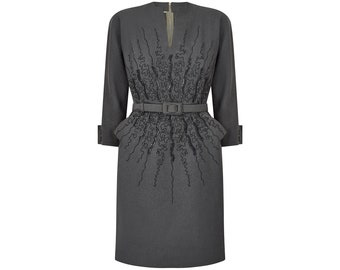 1950s Grey Wool Dolman Sleeve Dress with Elaborate Beadwork