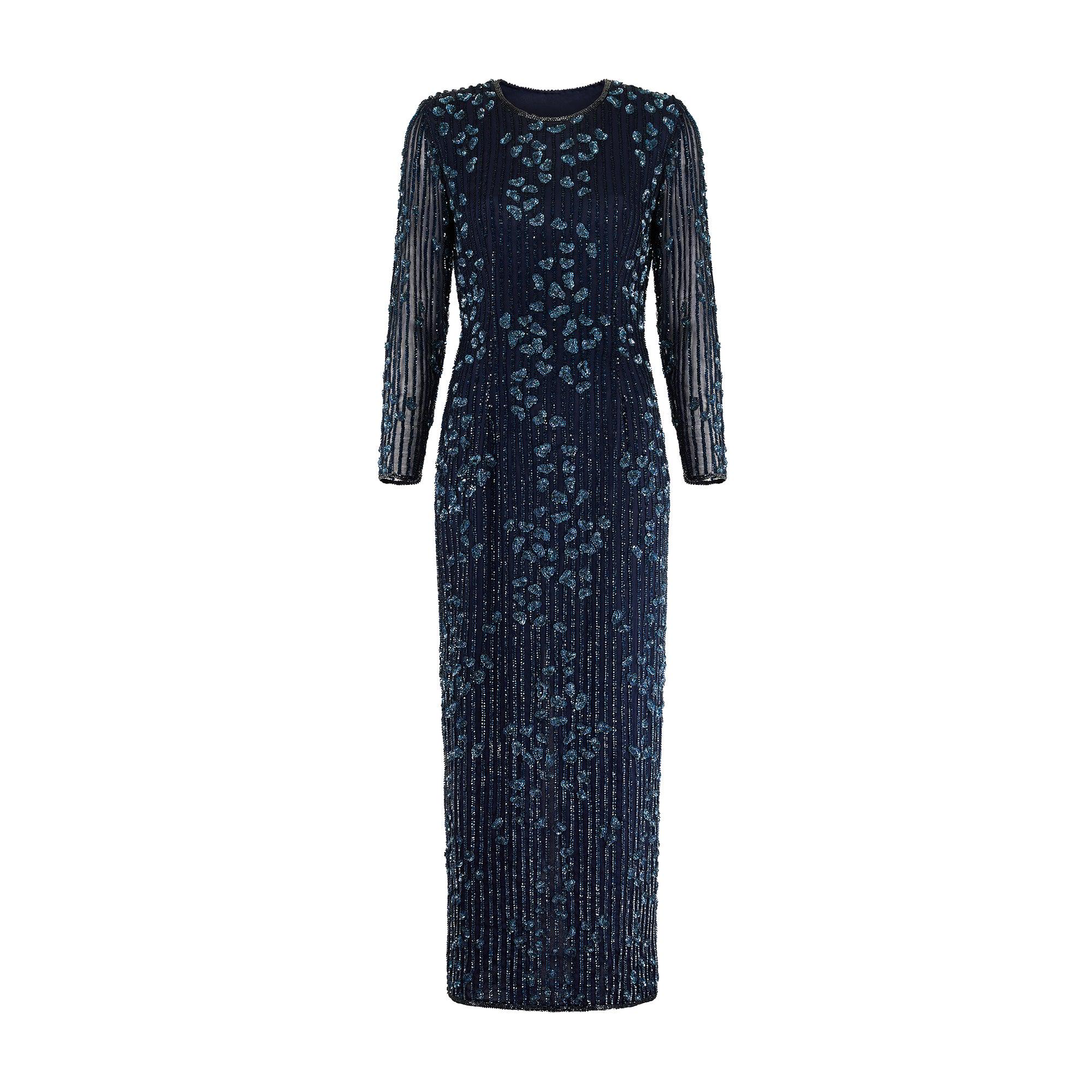knee length dresses for ladies Luxe Embellished Long Sleeve Maxi Dress - Blue Crystal Gown