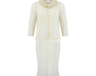 1960s White Lace and Pearl Embellished Dress and Jacket Set