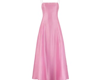 Vestido largo de seda rosa con tirantes de cristal de Ralph Lauren, años 90