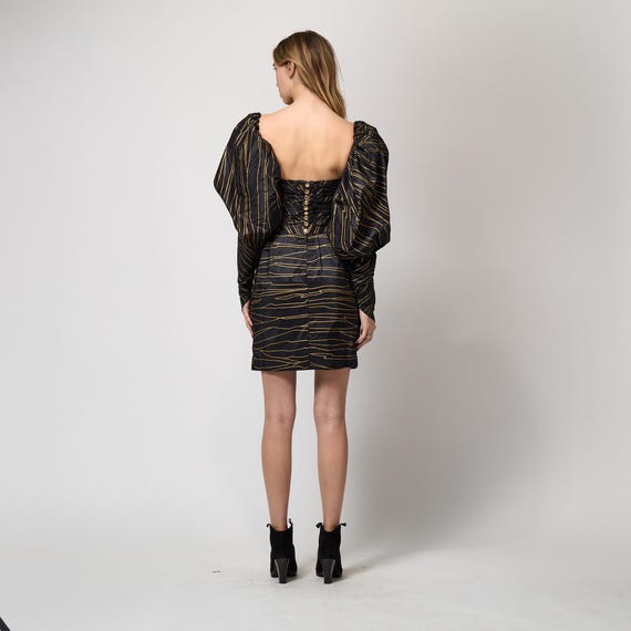 1986 Runway Chanel Gold Black Silk Dress With Detachable Puff Sleeves - Etsy