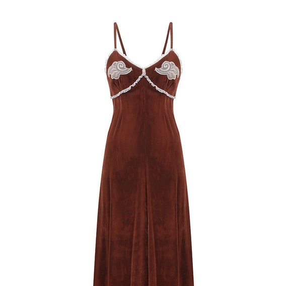 1970s Biba Chestnut Brown Velvet Maxi Dress