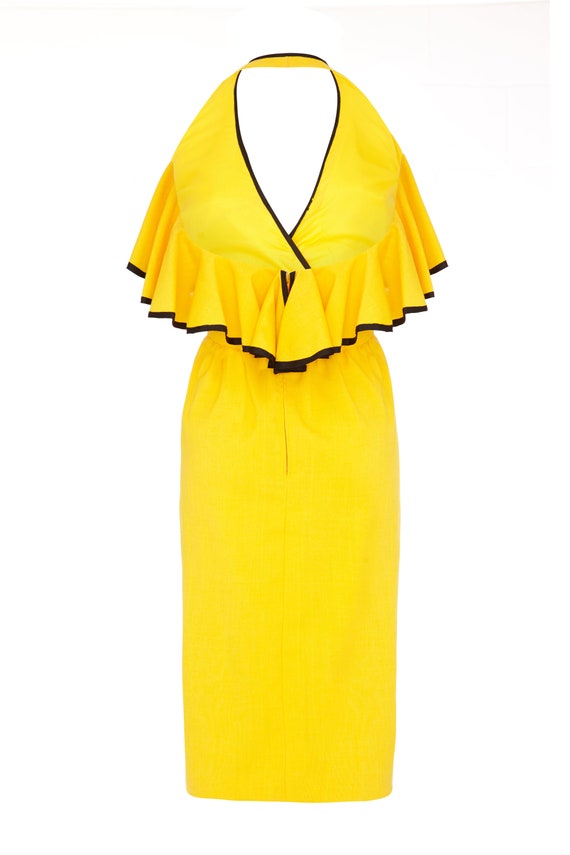 1960s Mollie Parnis Yellow & Black Halterneck Ruf… - image 2