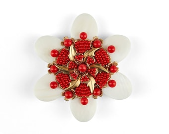 1990s Stanley Hagler Large White and Red Flower Brooch