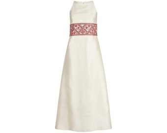 1960s Contessa Cream Silk Dress with Pink Embellished Waistband