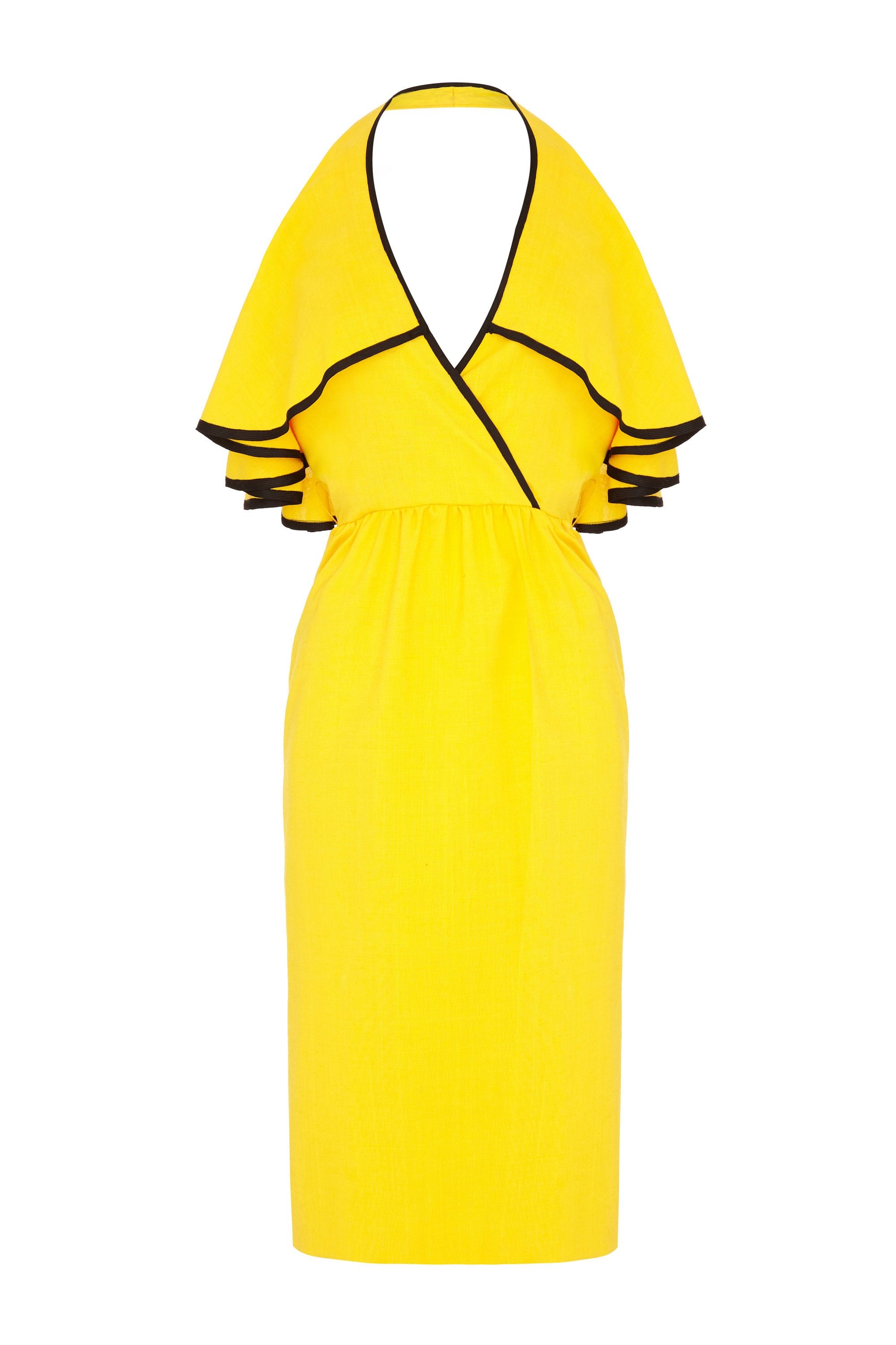 Image of S Mollie Parnis Yellow & Black Halterneck Ruffle Dress Uk Size