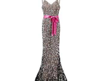 Oscar De La Renta Runway Sequinned Maxi Gown with Pink Ribbon Belt