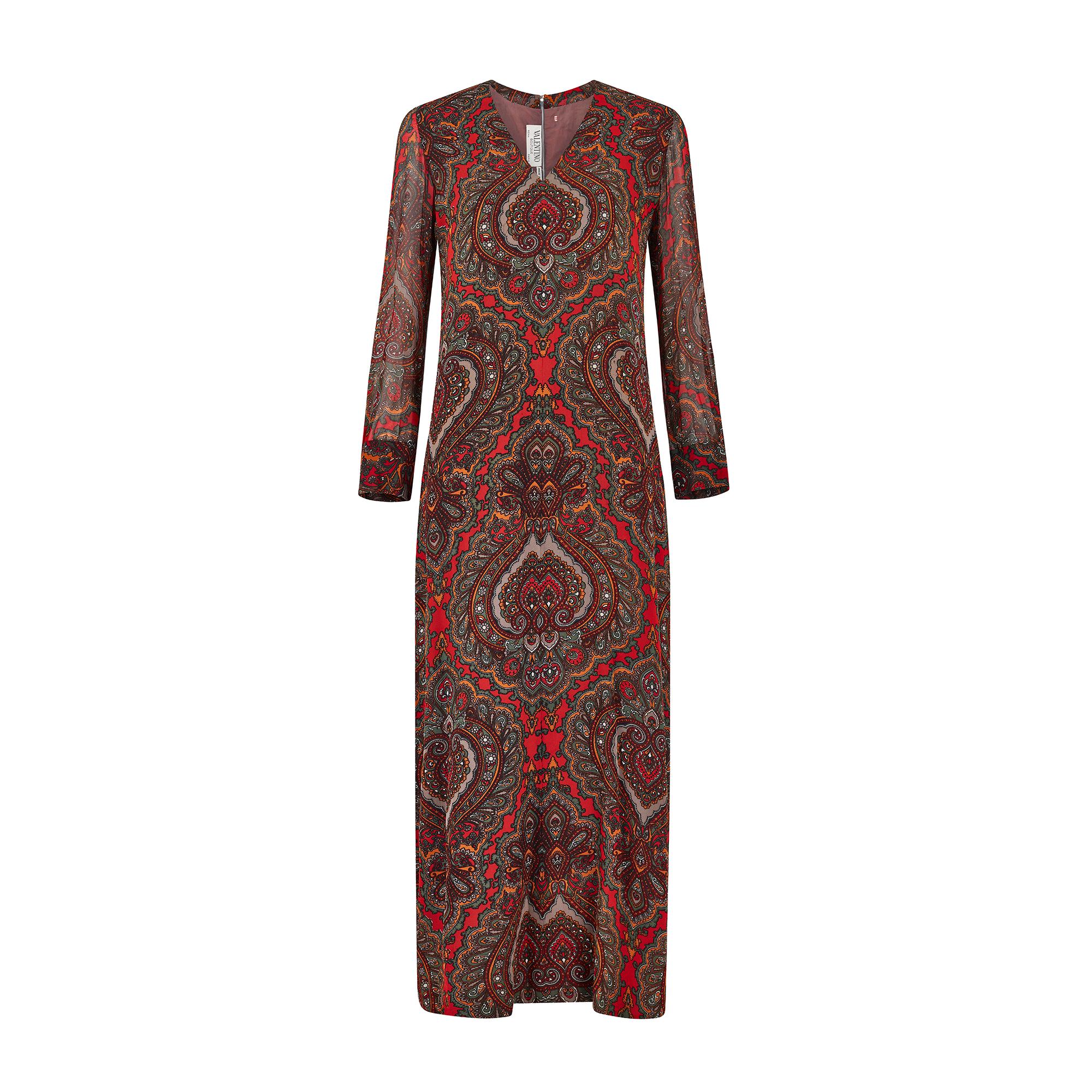 1970s Valentino Boutique Paisley Silk Maxi Dress With Chiffon 