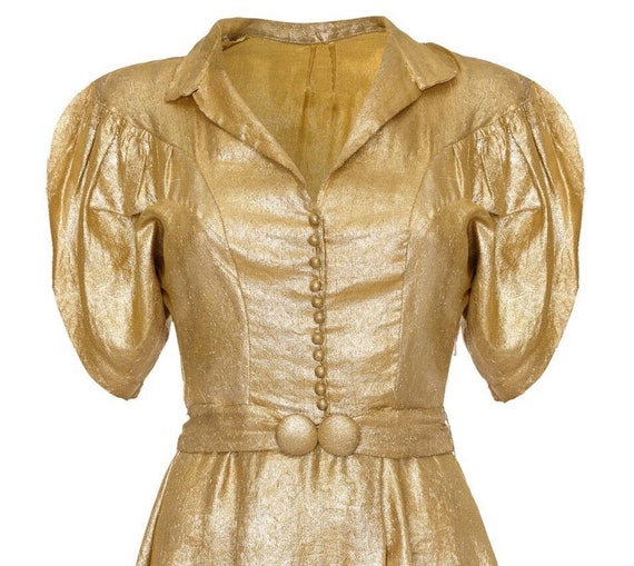 1930s Gold Lame Party Dress with Cape Sleeves and… - image 3