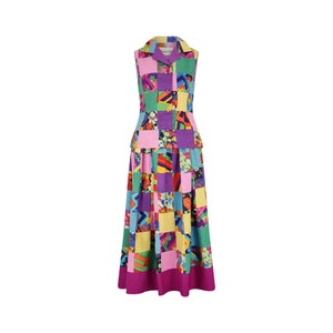May include: A sleeveless dress with a patchwork design in shades of pink, yellow, blue, green, and purple. The dress has a collared top and a skirt that falls to mid-calf.