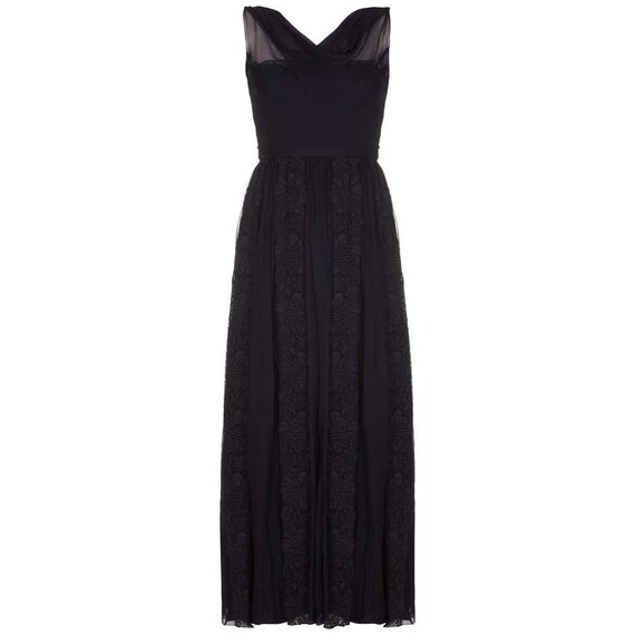 1950s Mainbocher Couture Black Silk Evening Dress